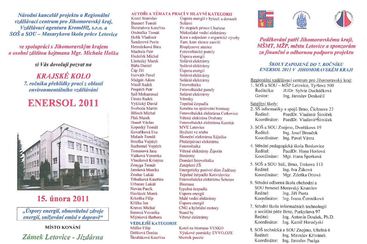 KRAJSKÉ KOLO  7. ročníku přehlídky prací z oblasti environmentálního vzdělávání ENERSOL 2011