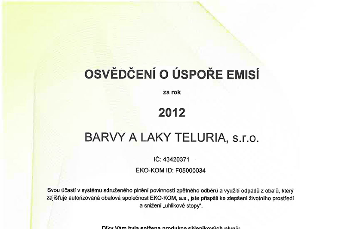 Společnost BARVY A LAKY TELURIA, s.r.o. šetří životní prostředí