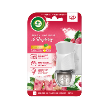 Air Wick Essential Oil Sparling Rosé & Raspberry - Růžový sekt a maliny, elektrický osvěžovač vzduchu strojek a náplň 19 ml