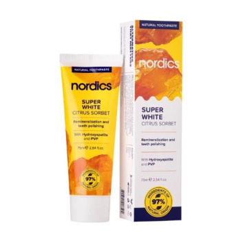 Nordics Reminelizační Super White citrusový sorbet s tekutou sklovinou zubní pasta 75 ml
