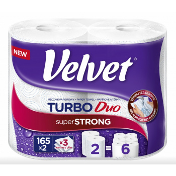 Velvet Turbo Duo papírové utěrky 3vrstvé, 165 útržků, 36,3 m v roli, 2 role