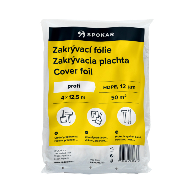Spokar zakrývací fólie na malování, 12 µ, 50 m², 4 × 12,5 m