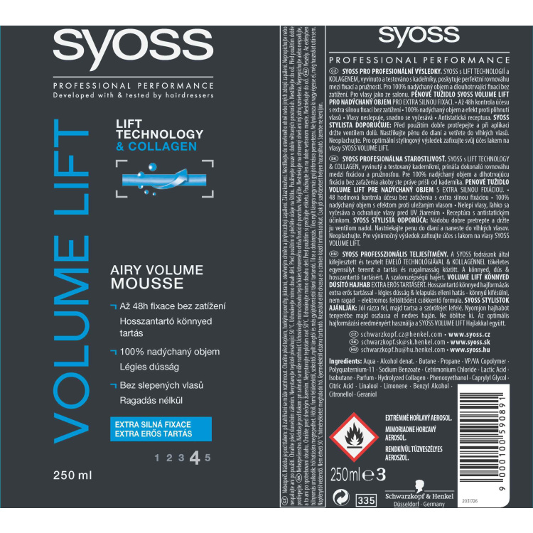 Syoss Volume Lift extra silná fixace, pěnové tužidlo, fixace 4, 250 ml