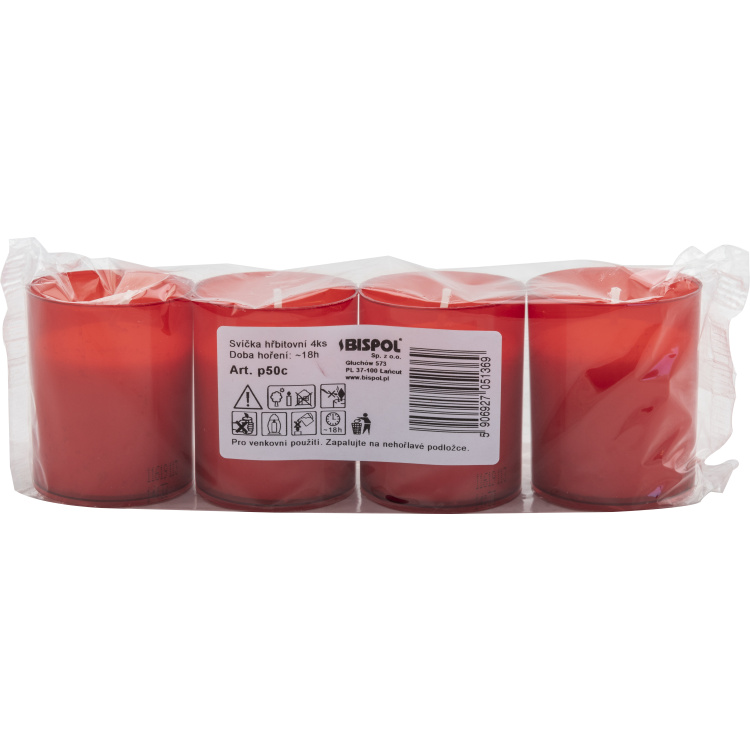 Bispol hřbitovní svíčka velká bez krytu, červená, balení 4 ks