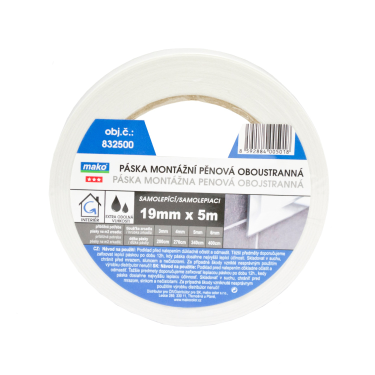 Mako montážní páska na zrcadla, oboustranná, pěnová, šířka 19 mm, délka 5 m
