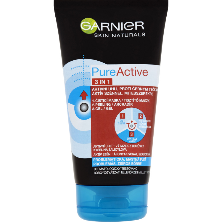Garnier Skin Naturals Pure Active 3v1 aktivní uhlí proti černým tečkám, 150 ml