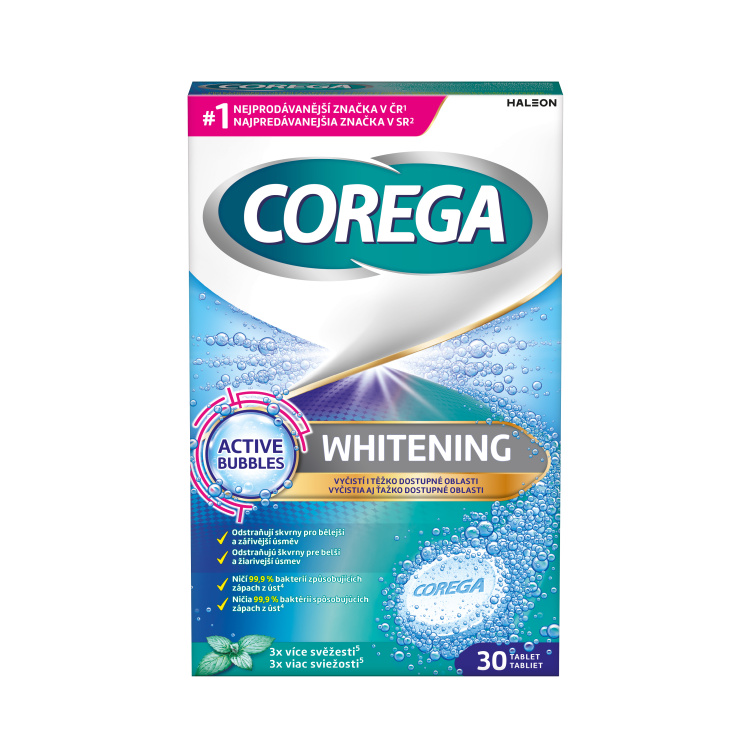 Corega Tabs Whitening čistící tablety na zubní náhrady protézy, 30 ks
