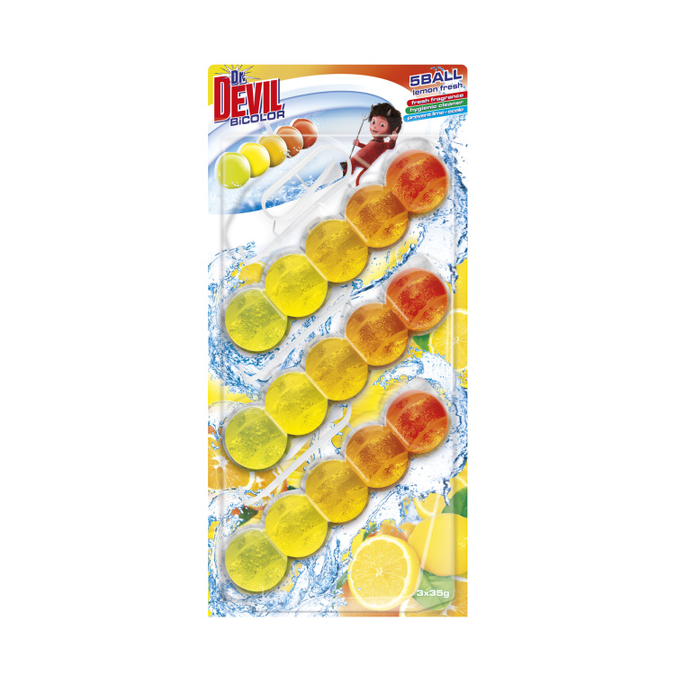 Dr. Devil WC Bicolor 5ball lemon fresh závěsný WC blok, 3× 35 g