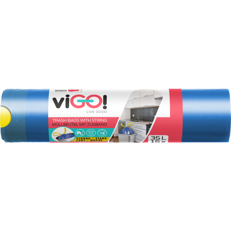 viGO pytle na odpad, zatahovací, 12 µ, 50 × 60 cm, 35 l, 15 ks