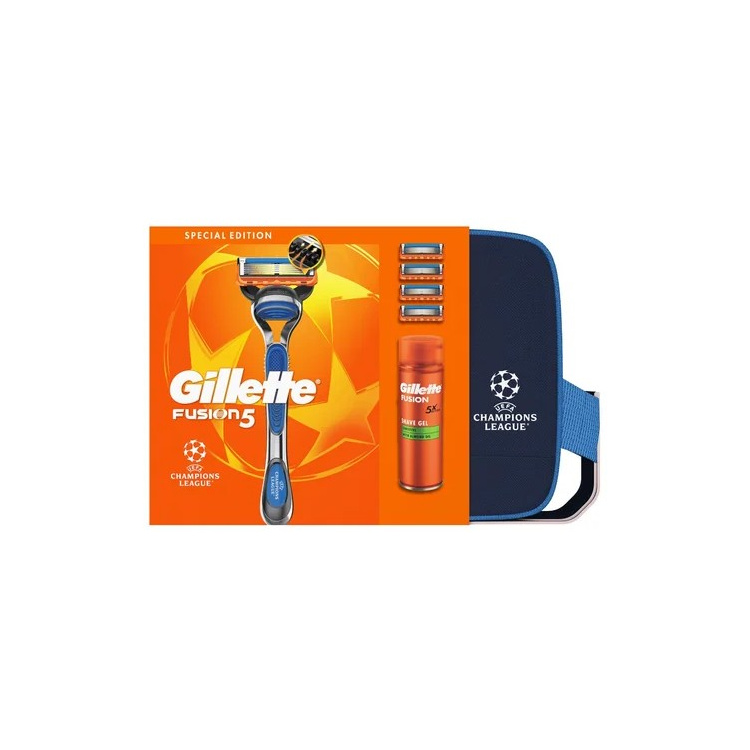 Dárková sada Gillette Fusion, strojek, 4 náhradní hlavice, holicí gel 200 ml