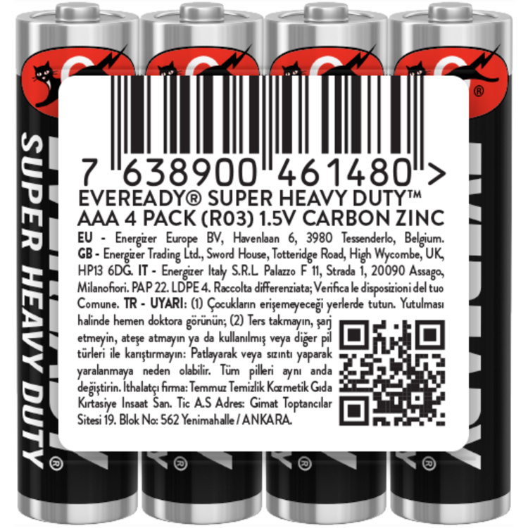Eveready AAA zinkovo-chloridové tužkové baterie, 4 ks