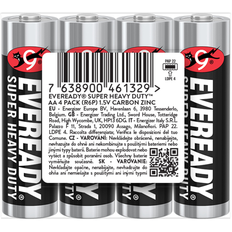 Eveready AA zinkovo-chloridové tužkové baterie, 4 ks