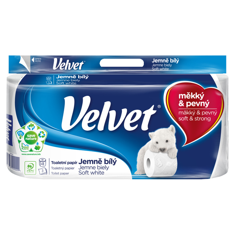 Velvet Soft White 3vrstvý toaletní papír, 8 rolí, 18,3 m role