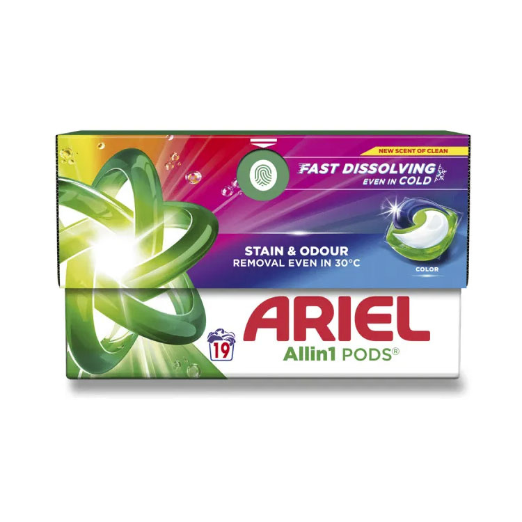 Ariel All in 1 Pods Color gelové kapsle na praní na barevné prádlo 19 kusů