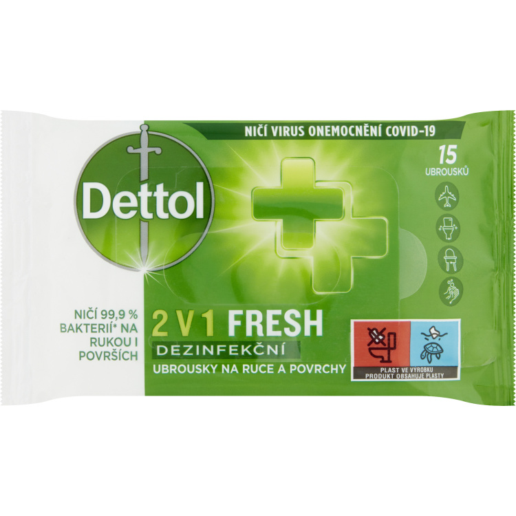 Dettol 2 v 1 Fresh dezinfekční ubrousky na ruce a povrchy, 15 ks
