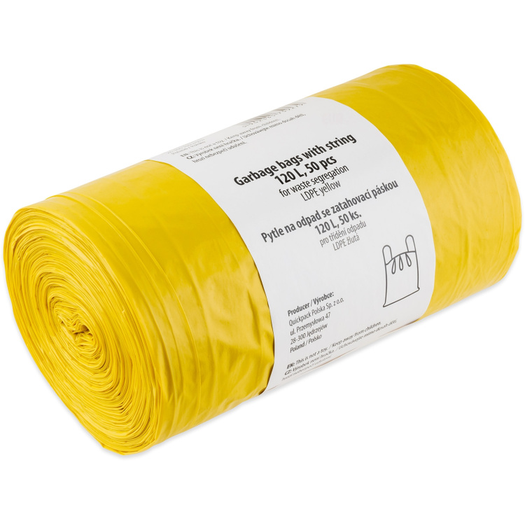 Quickpack žluté zatahovací pytle na odpad, 55× 100 cm, 28 µm, 120 l, 50 ks