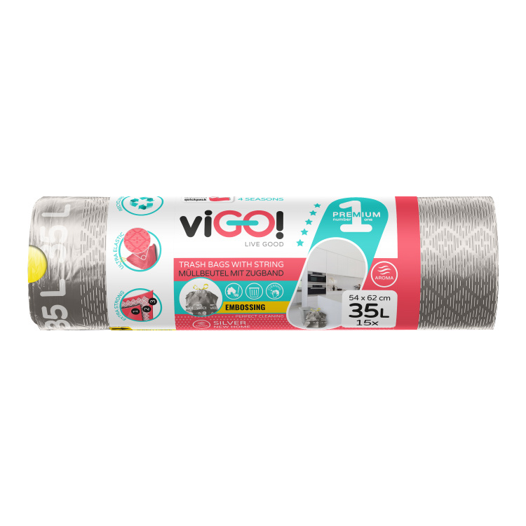 viGO! Premium pytle na odpad zatahovací, 26 µ, 54 × 62 cm, 35 l, 15 ks