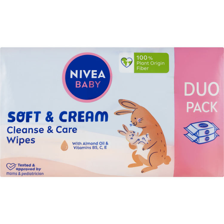 Nivea Baby Soft &amp; Cream čisticí a pečující ubrousky, 2× 57 ks