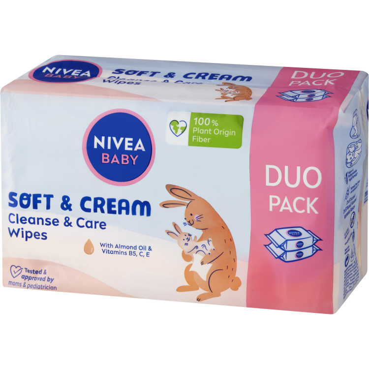 Nivea Baby Soft &amp; Cream čisticí a pečující ubrousky, 2× 57 ks