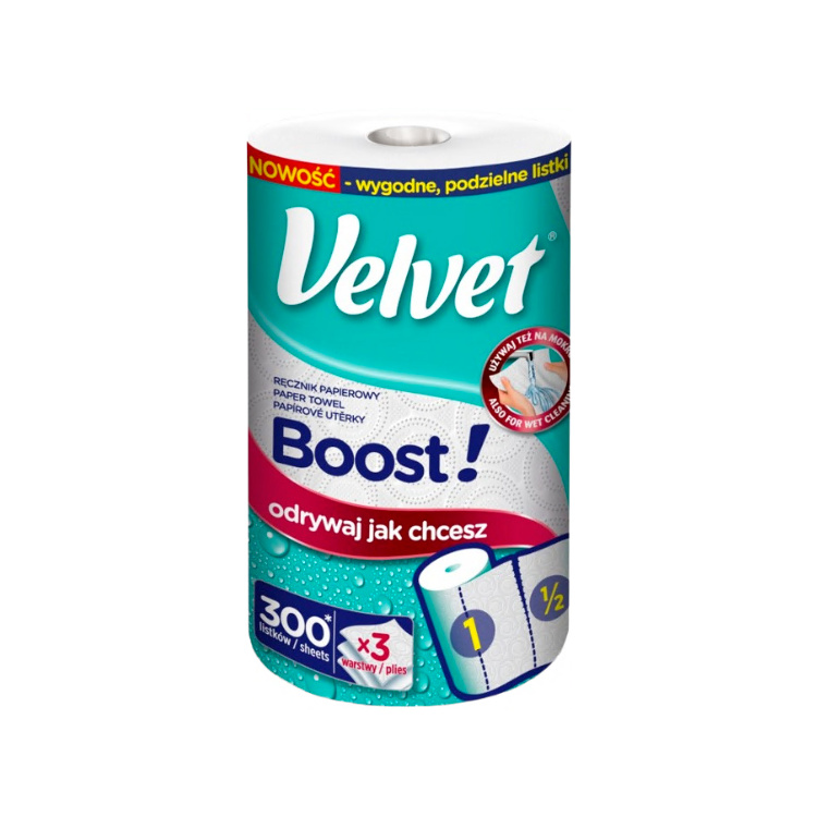 Velvet Boost papírové ručníky třívrstvé 300 útržků, 39,3 m 1 role