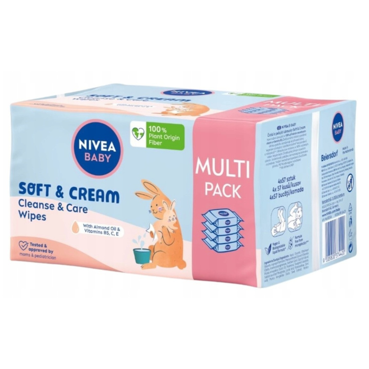 Nivea Baby Soft &amp; Cream čistící a pečující vlhčené ubrousky 4 x 57 ks