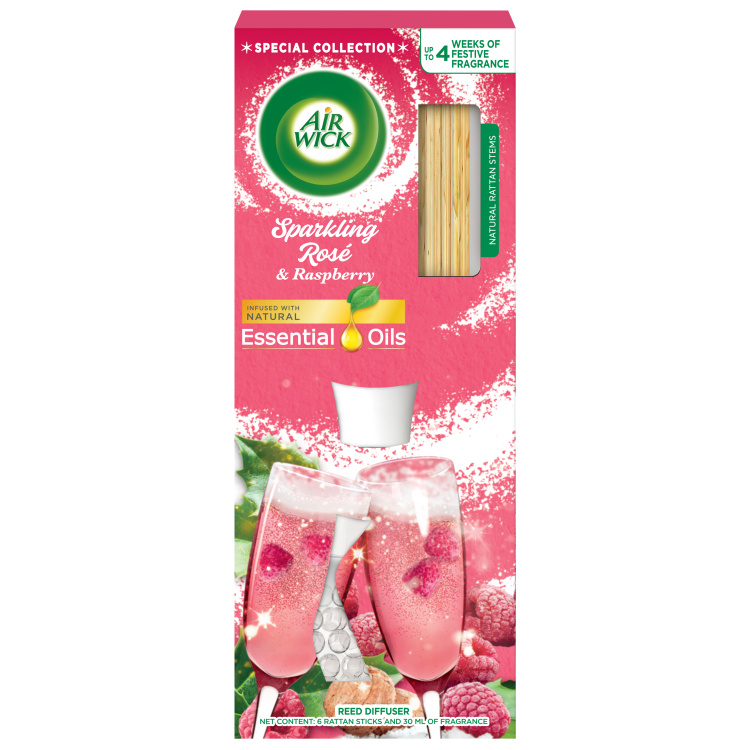 Air Wick Essential Oils Sparkling Rose &amp; Raspberry - Růžový sekt a maliny vonné tyčinky osvěžovač vzduchu 30 ml