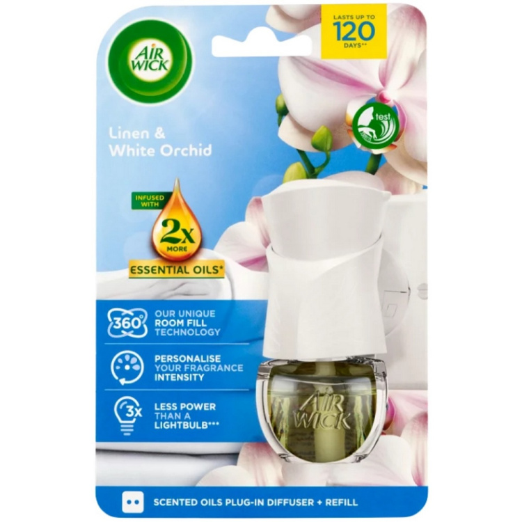 Air Wick Essential Oils Linen &amp; White Orchid - Prádlo a orchidej elektrický osvěžovač vzduchu komplet 19 ml
