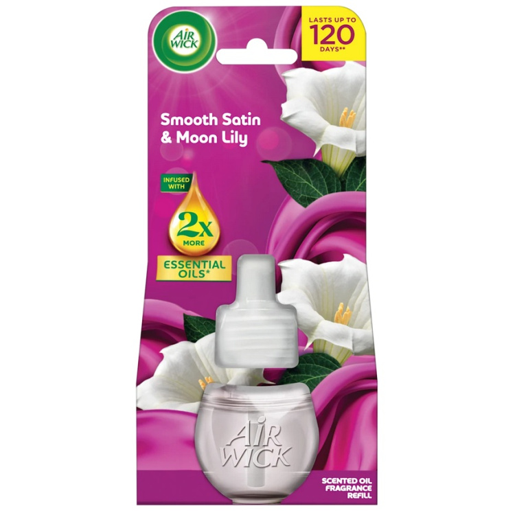 Air Wick Essential Oils jemný satén a měsíční lilie elektrický osvěžovač vzduchu náhradní náplň 19 ml