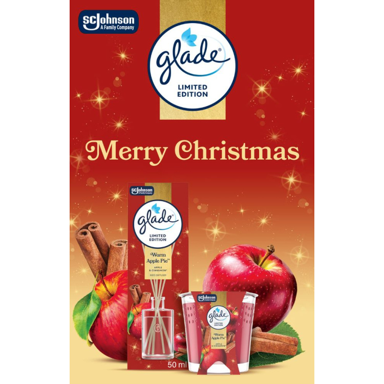 Glade Merry Christmas Warm Apple Pie jablko a skočice vonné tyčinky a vonná svíčka 50 ml + 112 g, dárková sada