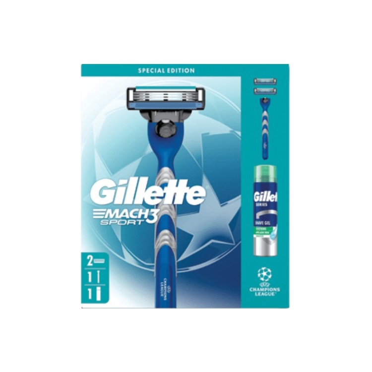 Dárková sada Gillette Mach 3 Sport, strojek, 2 náhradní hlavice, gel na holení 200ml