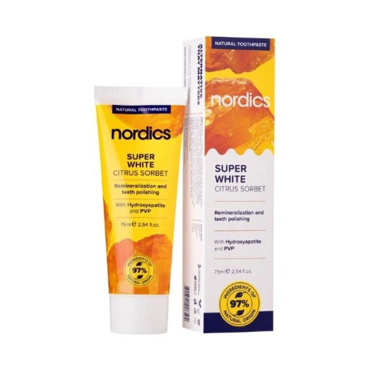 Nordics Reminelizační Super White citrusový sorbet s tekutou sklovinou zubní pasta 75 ml
