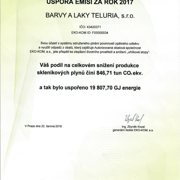 Úspora emisí za rok 2017