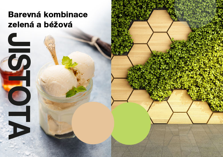 Barevná kombinace zelená a béžová